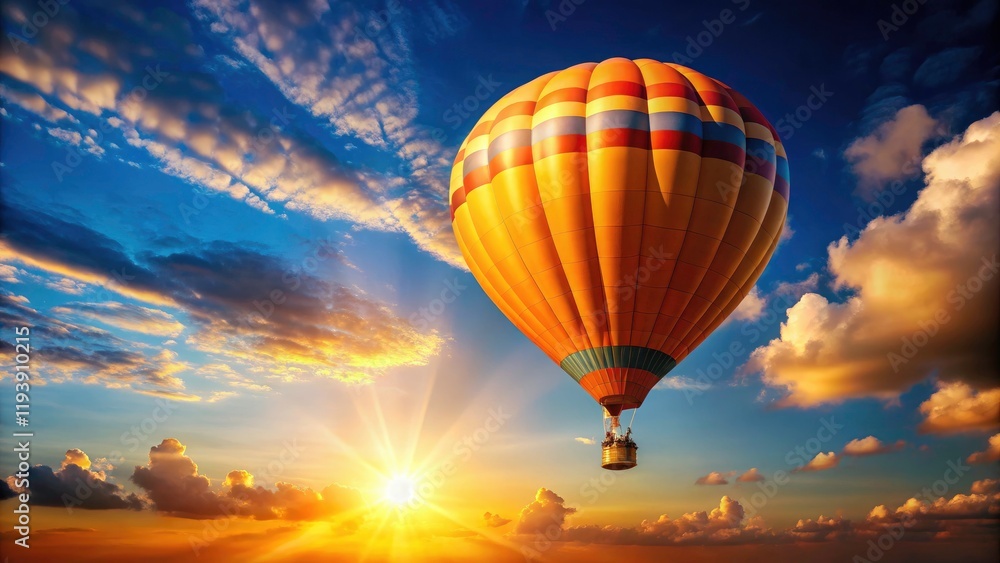 Morning's first light paints the sky blue as an orange hot air balloon ascends, capturing memories on a flight. Morning's first light paints the sky blue as an orange hot air balloon ascends, capturing memories on a flight.