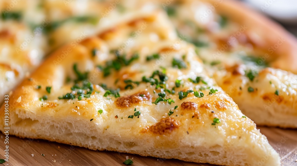 Slices of Garlic Bread with Herbs on Wooden Board in Cozy Kitchen Setting : Generative AI Slices of Garlic Bread with Herbs on Wooden Board in Cozy Kitchen Setting : Generative AI