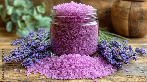 Lavender bath salts in jar on rustic wood with eucalyptus. photo