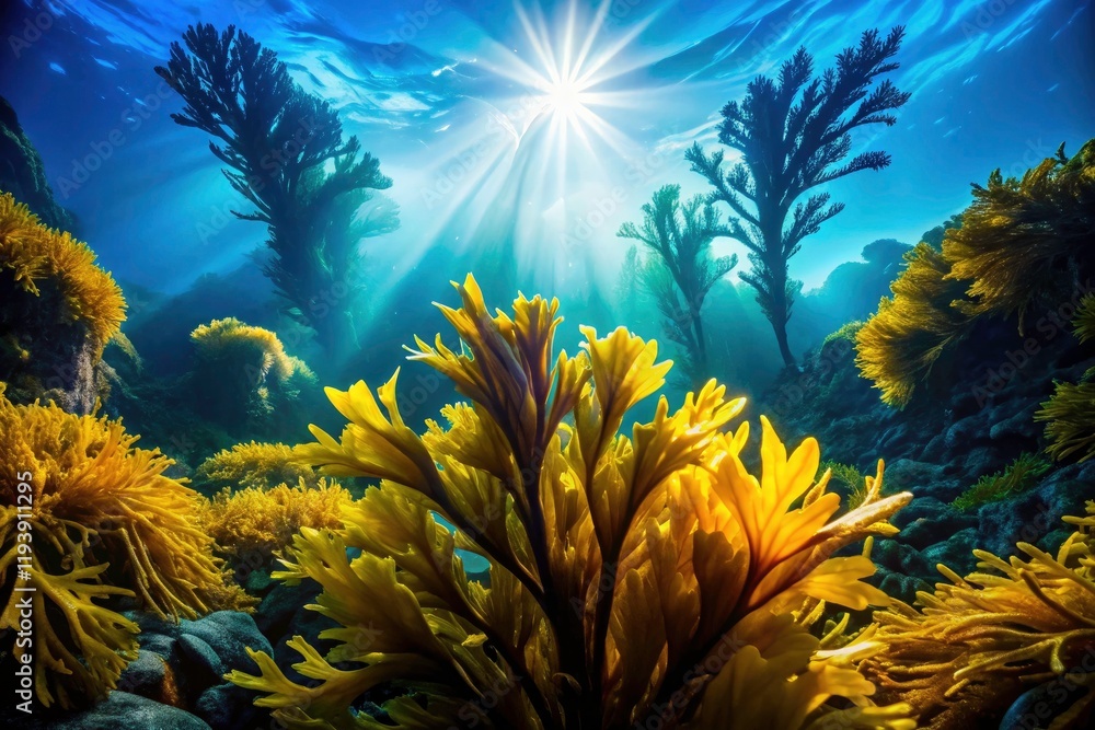 Fototapeta premium Submerged Laminaria sea kale forms dramatic silhouettes against the ocean reef.