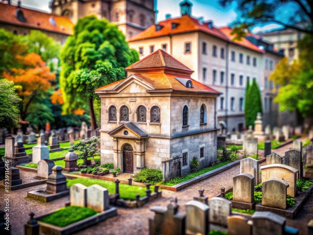 Naklejka premium Tilt-shift photography captures Prague's Josefov Cemetery's ceremonial hall in miniature black and white.