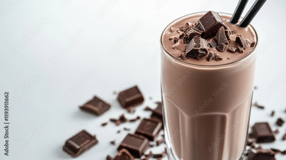 Delicious chocolate drink topped with chocolate shavings in a clear glass, garnished with black straws on a white background, perfect for dessert lovers and warm occasions Delicious chocolate drink topped with chocolate shavings in a clear glass, garnished with black straws on a white background, perfect for dessert lovers and warm occasions