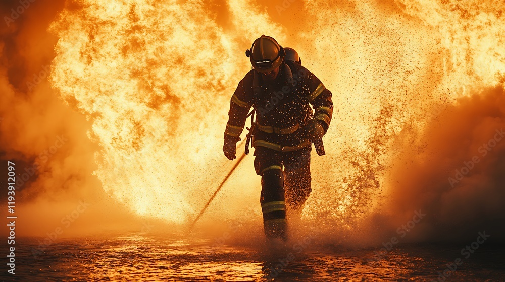 Firefighter rescues victims in fiery blaze urban city action shot heroic scene