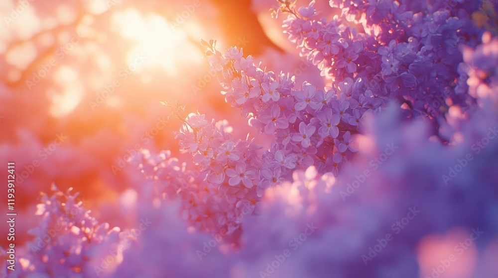 Lilac flowers blooming at sunset in garden. Lilac flowers blooming at sunset in garden.