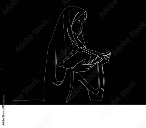 Muslim woman reading quran lineart design vector on black background,muslim woman reading quran design vector, vector illustration 