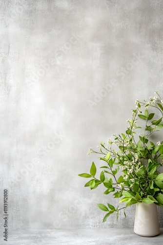 Minimalist gray concrete wall with wild green foliage in vase natural home decor : Generative AI