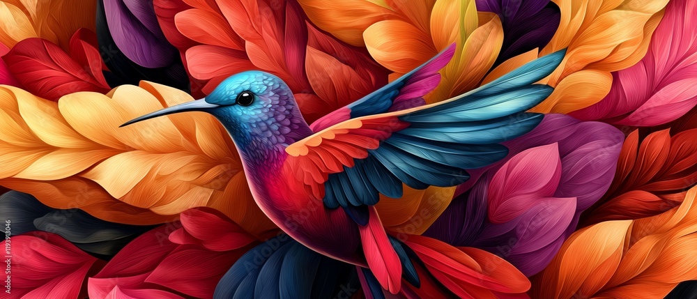 Fototapeta premium A vibrant hummingbird hovers amidst a backdrop of colorful, textured leaves, showcasing nature's beauty and intricate details.