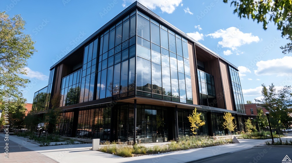 Contemporary Glass Office Building with Trees and Blue Sky in Urban Park : Generative AI Contemporary Glass Office Building with Trees and Blue Sky in Urban Park : Generative AI