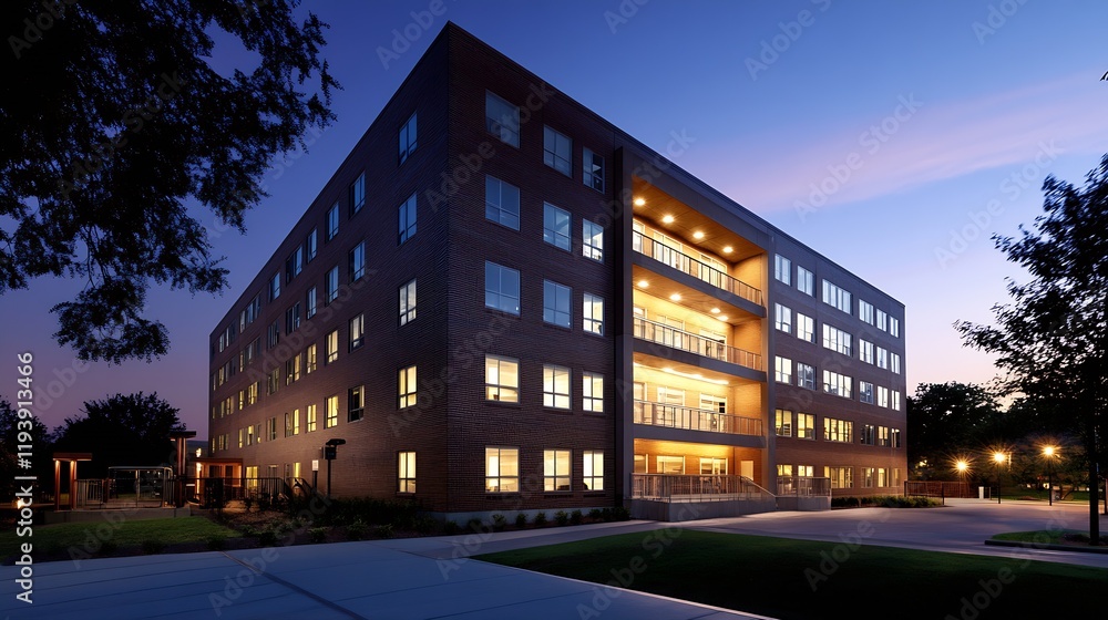 Obraz premium Newly Built Brick Multifamily Housing Complex in Calming Evening Light : Generative AI
