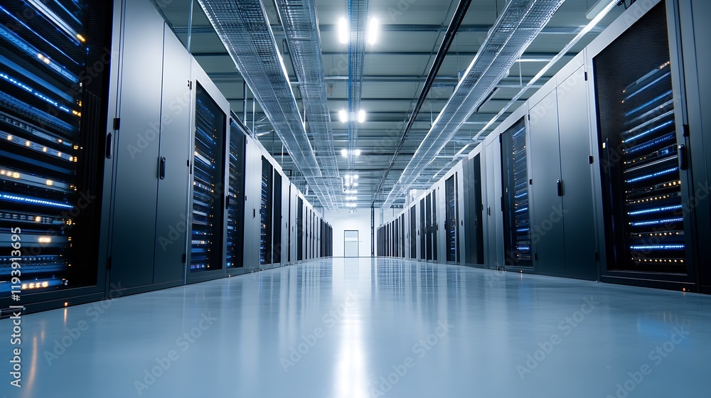 Fototapeta premium Modern data center with rows of powerful blue illuminated servers : Generative AI