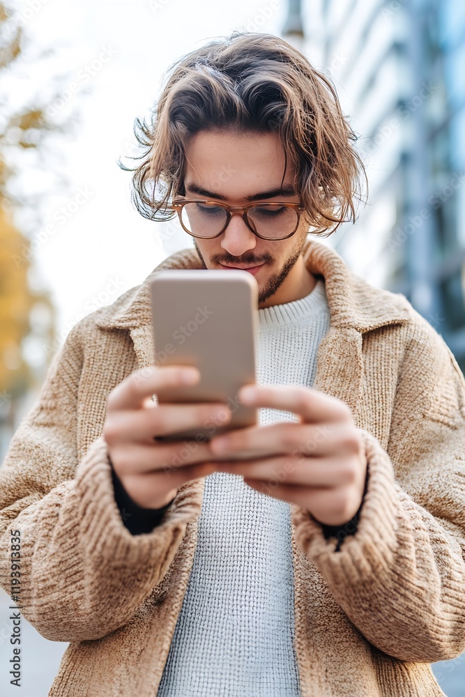 Young Man in Urban Setting Focusing on Smartphone for Social Media Interaction : Generative AI