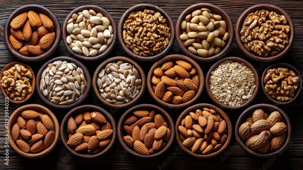Assorted nuts and seeds in bowls on wooden background Assorted nuts and seeds in bowls on wooden background