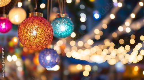 Festive Ornament Hanging on String Amongst Blurred Holiday Lights in Warm Atmosphere : Generative AI photo