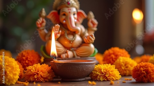 Wallpaper Mural Hindu god Ganesh statue with traditional oil lamp and marigold flowers. Religious concept for Ganesh Chaturthi, Navratri, Durga Puja, Sankashti Chaturthi, Vinayaka Chavithi, Diwali Torontodigital.ca