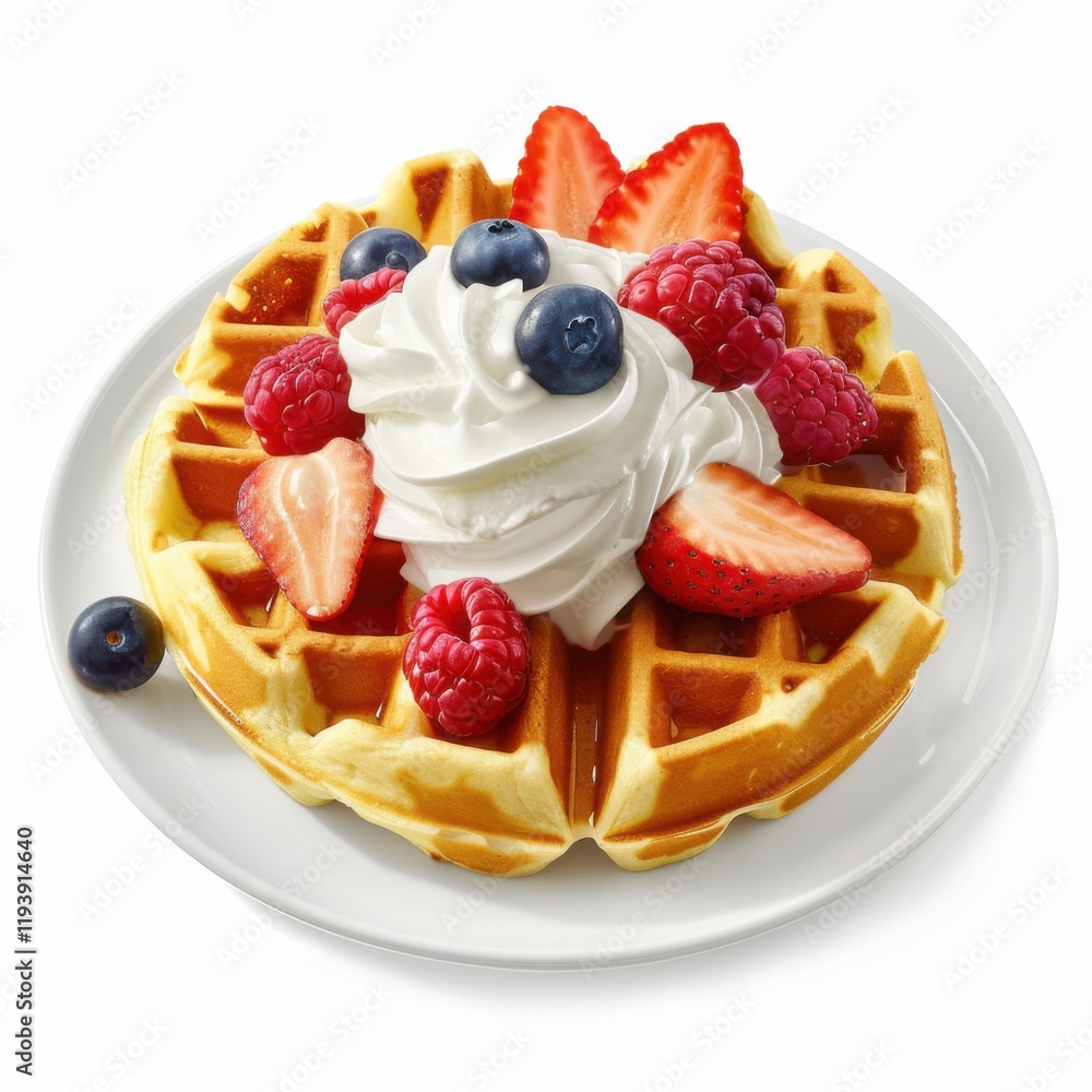 A classic Belgian waffle with fresh berries and whipped cream, isolated white background, hyperrealism art style A classic Belgian waffle with fresh berries and whipped cream, isolated white background, hyperrealism art style