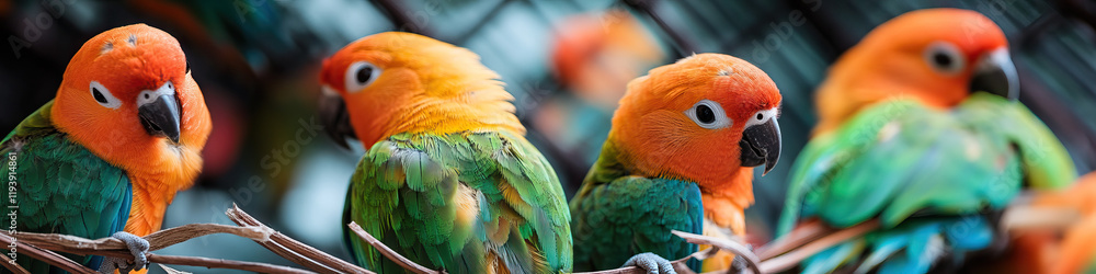 Fototapeta premium Multiple Sun Parakeets Perched on Branches