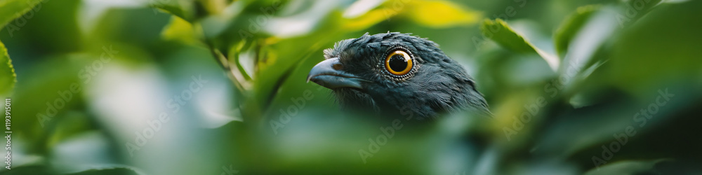 Fototapeta premium Close-up of a Dark-colored Bird Partially Concealed by Green Leaves