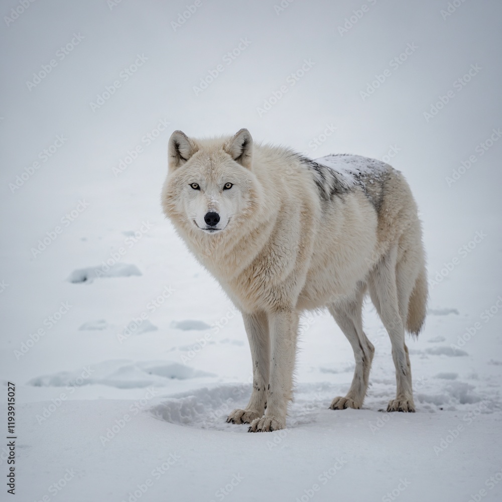 A lone arctic wolf standing in the snow, blending with the white background. A lone arctic wolf standing in the snow, blending with the white background.