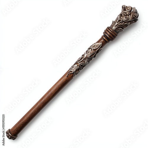 An ornate staff with an intricately designed silver head, showcasing detailed floral patterns on a polished wooden shaft.