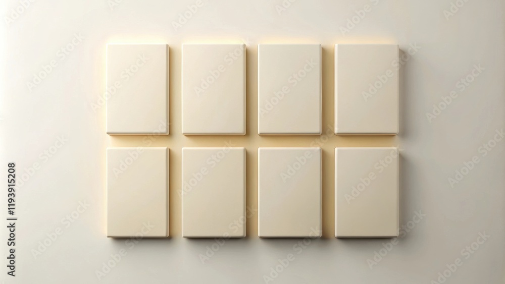 Obraz premium Eight Blank Cream-Colored Square Panels Arranged in a Grid on a Pale Background for Design Mockups