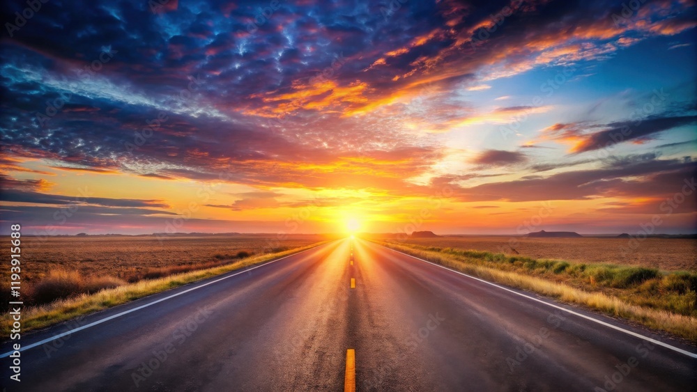 Asphalt Road Leading to a Vibrant Sunset Over a Rural Landscape Asphalt Road Leading to a Vibrant Sunset Over a Rural Landscape