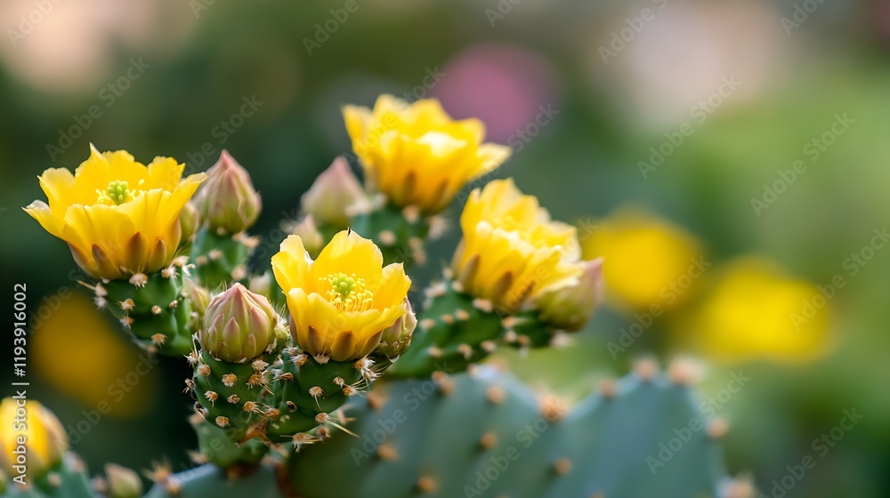 Yellow Cactus Flowers Blooming In Desert Garden : Generative AI Yellow Cactus Flowers Blooming In Desert Garden : Generative AI