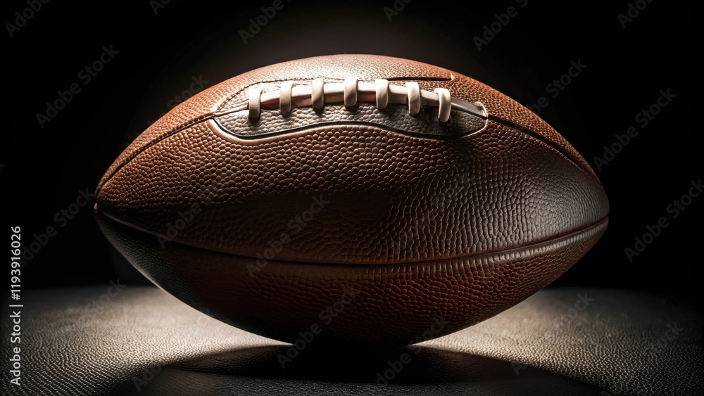 A close-up of a well-worn, brown leather American football, dramatically lit against a dark background, ready for the game. A close-up of a well-worn, brown leather American football, dramatically lit against a dark background, ready for the game.