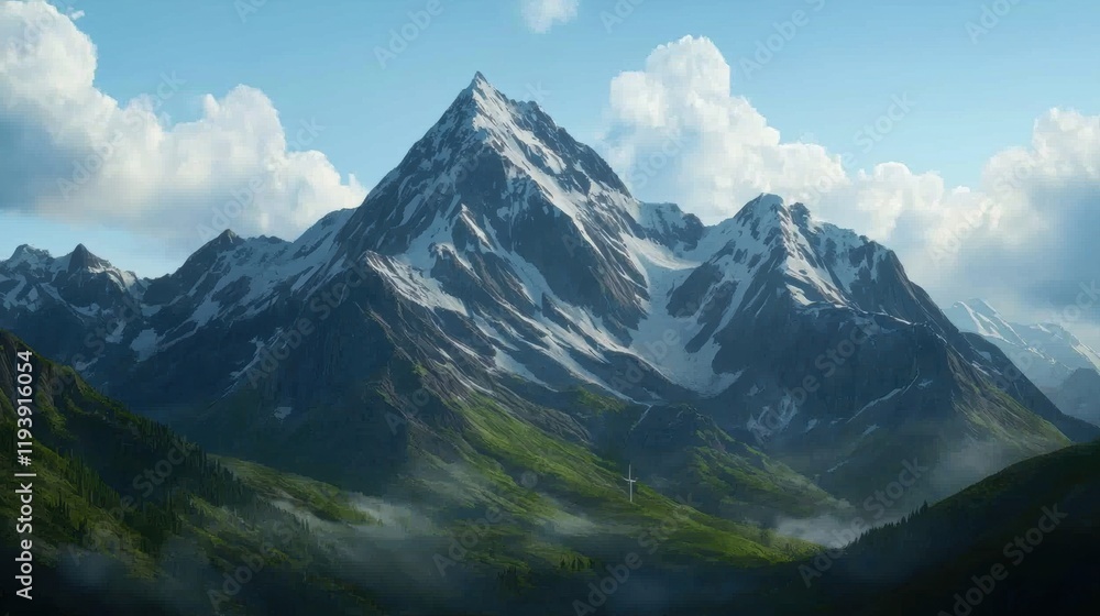 Obraz premium Majestic Snow-Capped Mountain Surrounded by Lush Green Valley