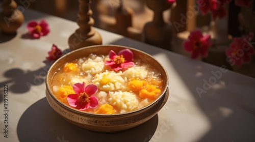 Traditional Indian sweet dish Kheer in golden bowl with flowers. Festive food for celebrating Navratri, Onam, Pongal, Janmashtami, Ganesh Chaturthi, Dussehra, Diwali, Ugadi photo