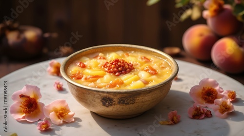 Traditional Indian sweet dish Kheer in golden bowl with flowers. Festive food for celebrating Navratri, Onam, Pongal, Janmashtami, Ganesh Chaturthi, Dussehra, Diwali, Ugadi photo