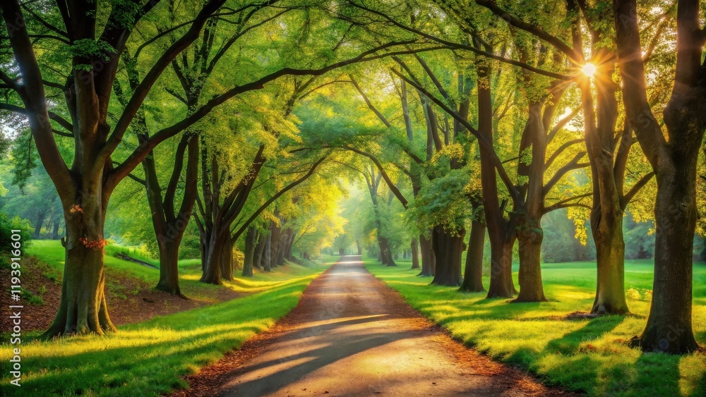 Sunlit Path Through a Majestic Canopy of Trees Sunlit Path Through a Majestic Canopy of Trees