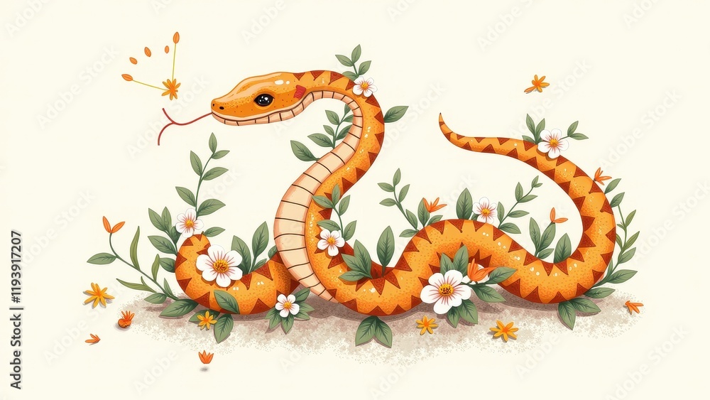 Obraz premium A vivid orange serpent lounges amidst delicate white blossoms and lush green foliage, set against a stark white backdrop. Its sinuous form stretches leftward, surrounded by tiny yellow blooms adding a
