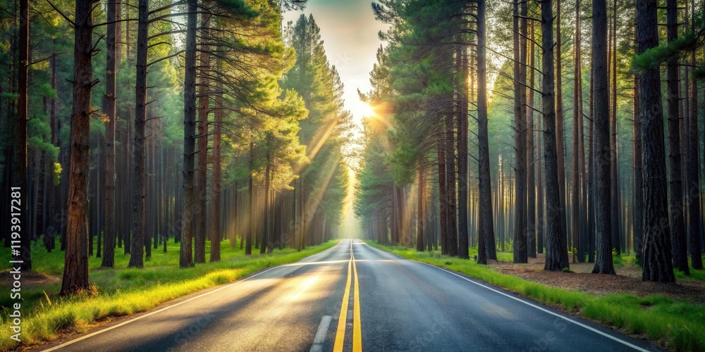 Asphalt road through sunlit pine forest at sunrise Asphalt road through sunlit pine forest at sunrise