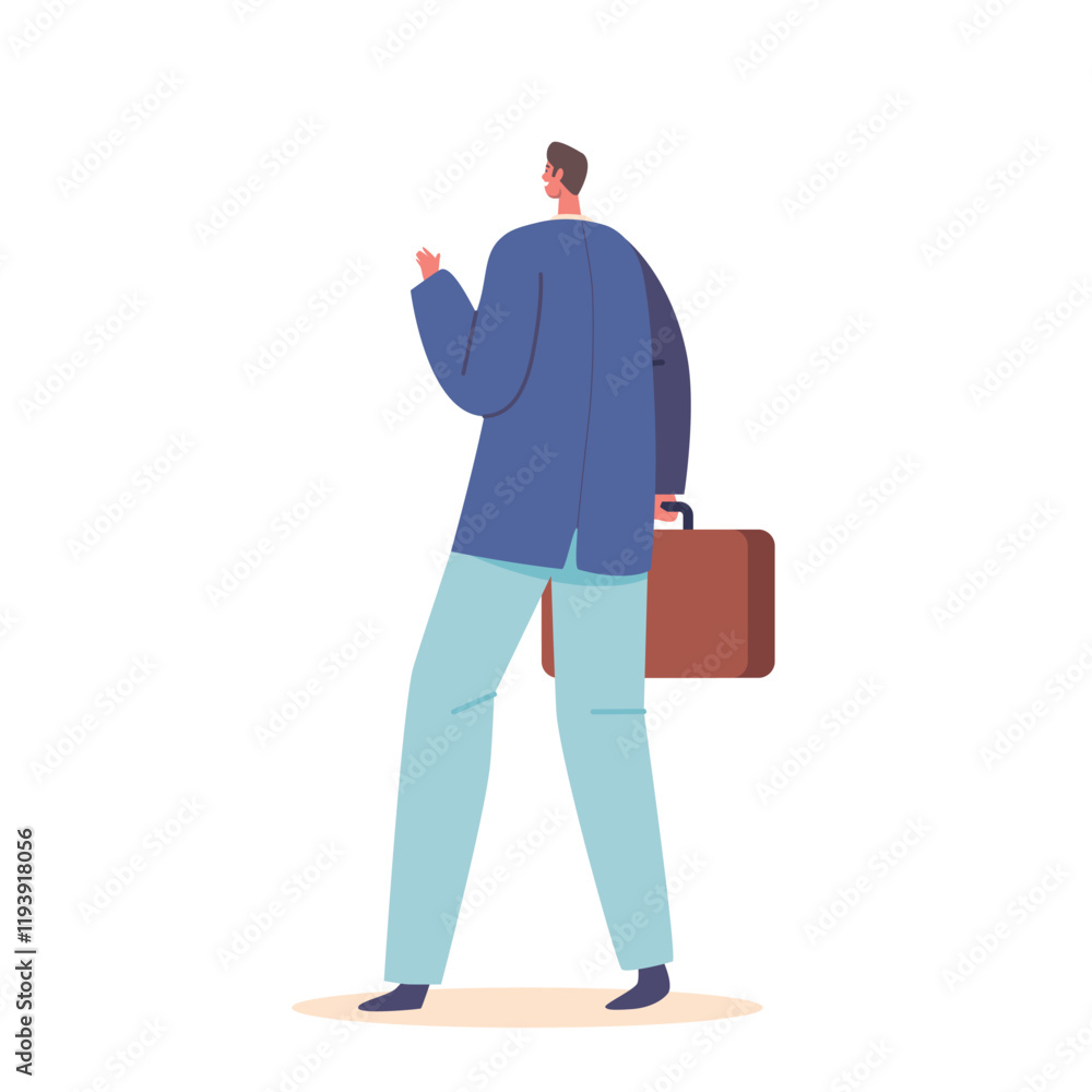 Male Character In Formal Wear Carrying Suitcase and Waving Hand Rear View. Man On Way To Business Meeting Or Traveling Male Character In Formal Wear Carrying Suitcase and Waving Hand Rear View. Man On Way To Business Meeting Or Traveling