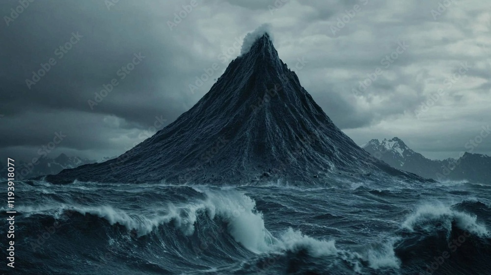 A dramatic mountain rises from turbulent ocean waters under a dark, cloudy sky, creating a moody and mysterious atmosphere. A dramatic mountain rises from turbulent ocean waters under a dark, cloudy sky, creating a moody and mysterious atmosphere.