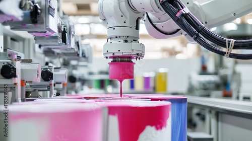Fototapeta Naklejka Na Ścianę i Meble -  A robot conducting automated paint mixing in a sleek, high-tech paint production lab with clean, organized mixing stations and advanced paint processing equipment
