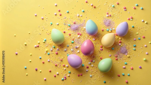 Pastel Easter eggs and colorful sprinkles on yellow background