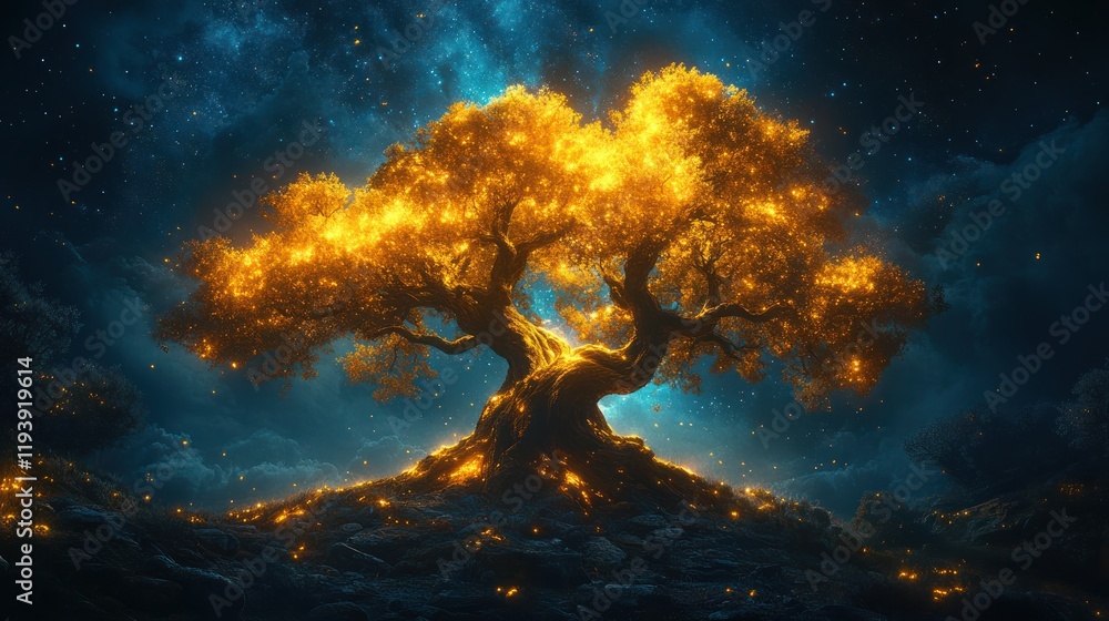 Trees shine in the sky on a starry night Trees shine in the sky on a starry night