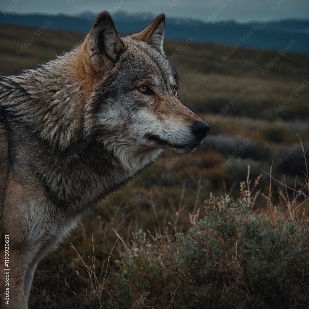 A lone wolf watching a distant pack from afar. A lone wolf watching a distant pack from afar.
