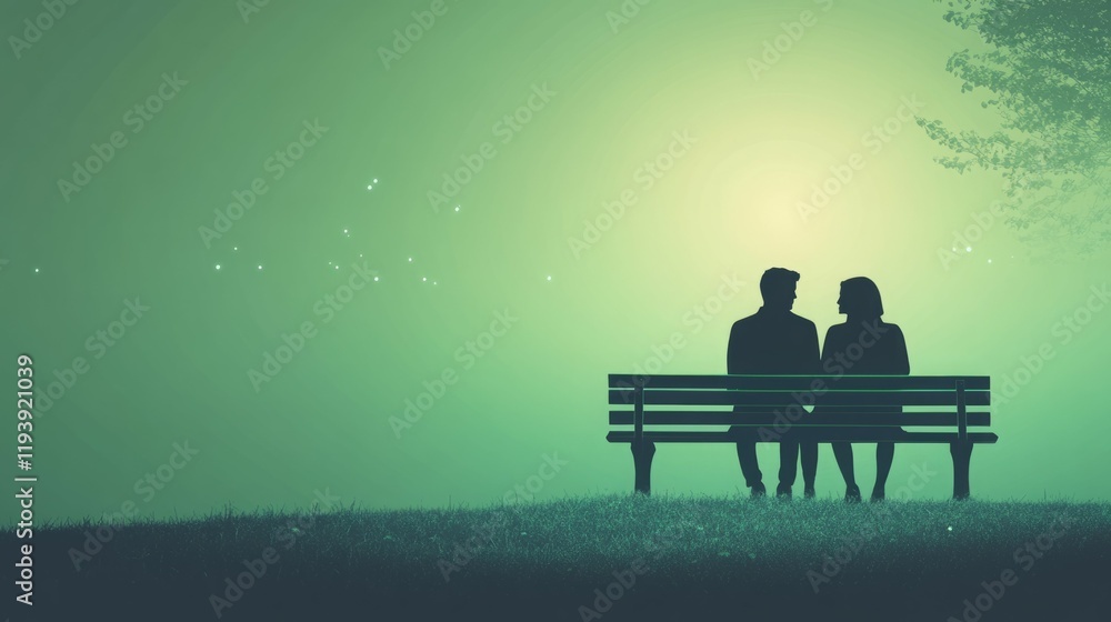 Silhouetted couple sharing a tender moment on a park bench at dusk. Silhouetted couple sharing a tender moment on a park bench at dusk.