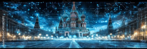 Digital Cathedral Saint Basil s Illuminated In a Futuristic Web of Technology, Moscow, Russia photo