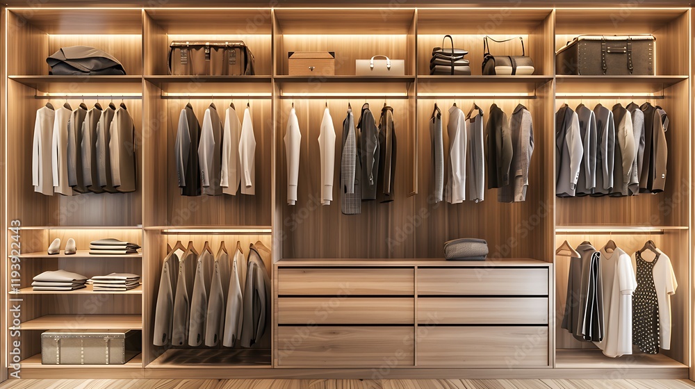 Closet with clothes and accessories in the closet Closet with clothes and accessories in the closet