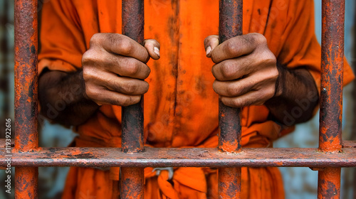acercamiento del cuerpo de un hombre encarcelado tras las rejas persona condenado a prision sujetando los barrotes de metal en la carcel 