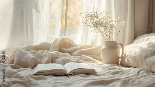 A minimalist bedroom with a person journaling in the morning, soft beige bedding, and natural sunlight streaming in, focusing on mental clarity