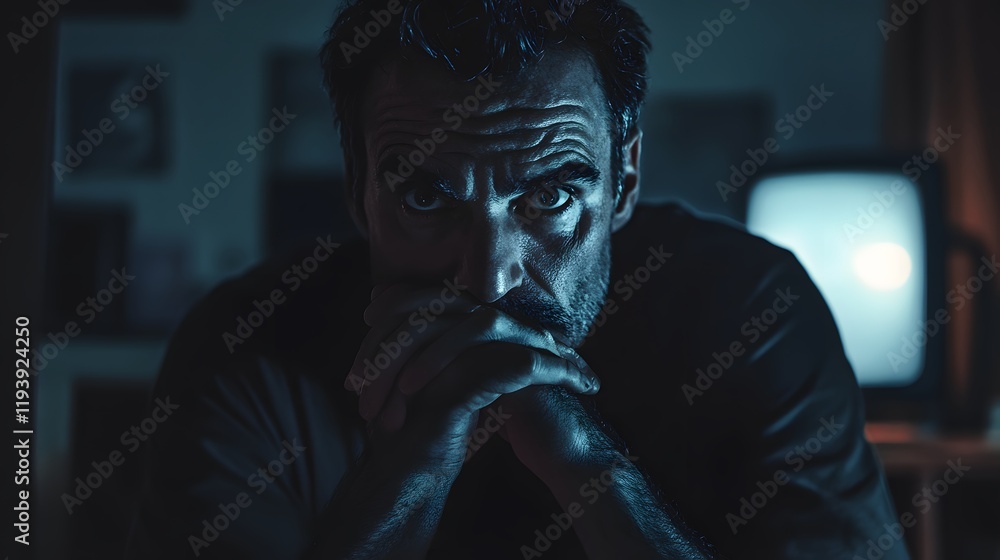 A man lit by the faint glow of a TV screen, his hollow eyes staring blankly, hands loosely clasped under his chin, revealing quiet despair and isolation A man lit by the faint glow of a TV screen, his hollow eyes staring blankly, hands loosely clasped under his chin, revealing quiet despair and isolation