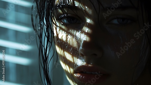 A close-up of a woman s face illuminated by streaks of moonlight through blinds, her wet hair clinging to her cheeks as tears flow silently, the lighting emphasizing her solitude photo