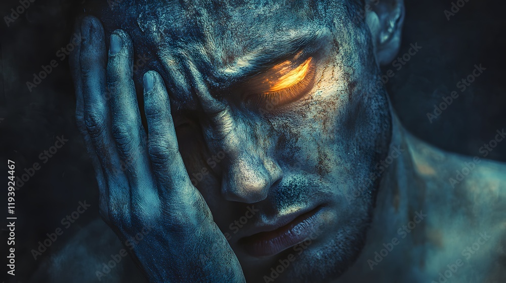 Fototapeta premium A man s trembling hand pressed against his forehead, his face contorted in anguish, veins prominent on his temple, illuminated by the faint glow of a flickering light