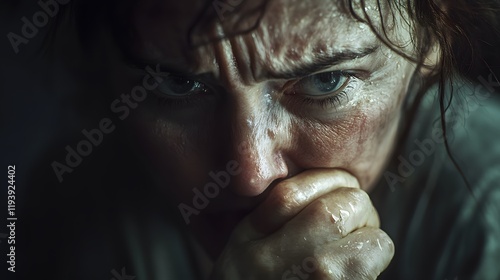 A woman biting her knuckle to stifle a sob, her wet eyes glistening under soft light, her expression a mixture of helplessness and grief