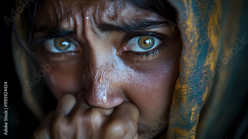 A woman biting her knuckle to stifle a sob, her wet eyes glistening under soft light, her expression a mixture of helplessness and grief