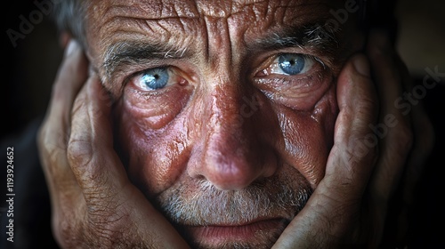 A close-up of a man s face being held gently by another pair of hands, his tear-filled eyes looking into the distance, the contrast of comfort and despair palpable